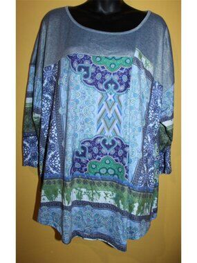 One World 2x Knit Paisley 3/4 Sleeve Blouse Chest Pocket Rounded Hem